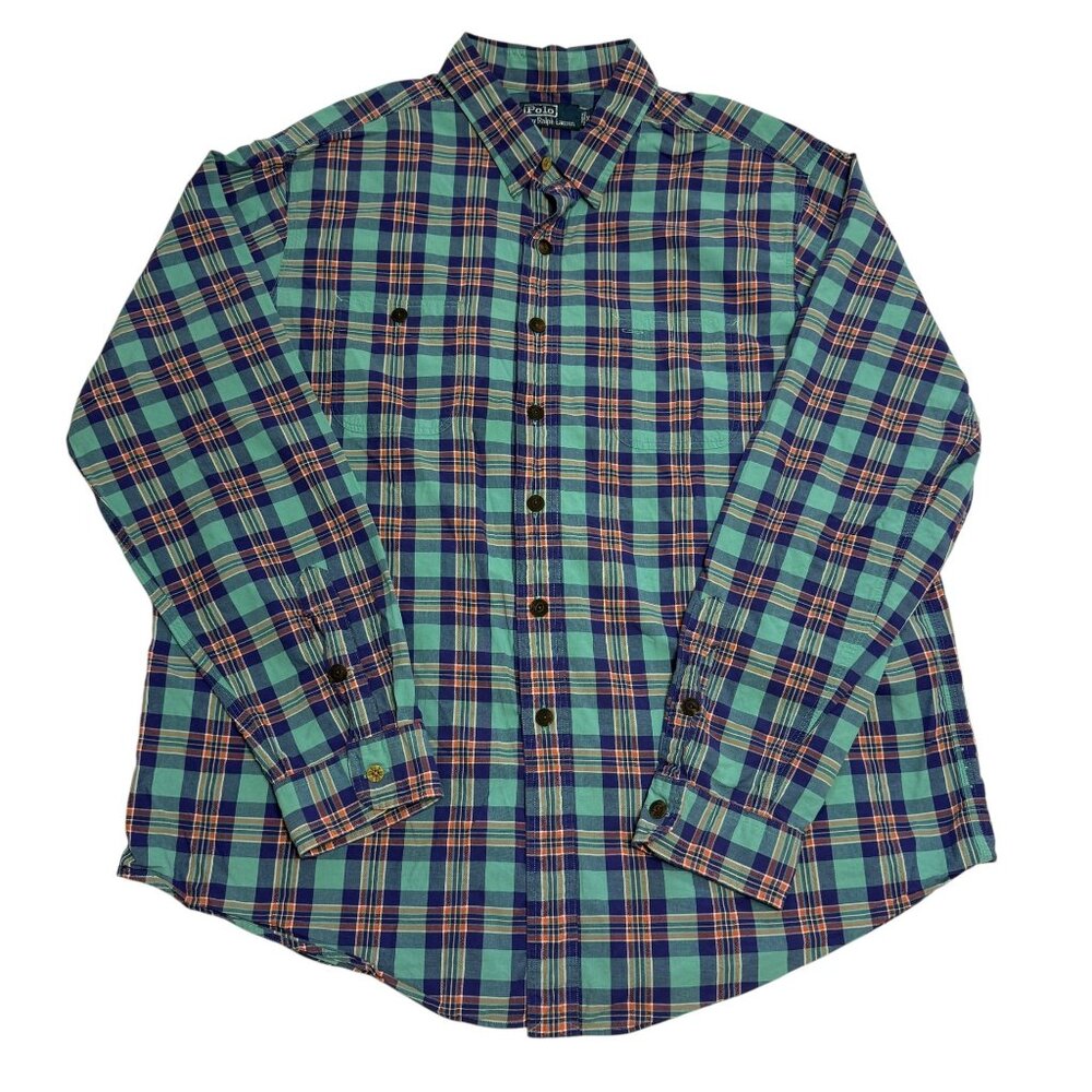 Vintage Polo Ralph Lauren Mens XXL Plaid Button-Down Shirt Long Sleeve Cotton